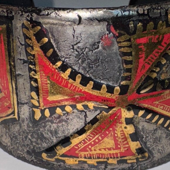 Metal Artisan Made Cuff Bracelet Maltese Cross Signed Black Silver Gold & Red - Picture 6 of 7